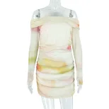 Casual Floral Print Bodycon Dress Fresh and Comfortable Off Shoulder Long Sleeve Ideal for Sprin