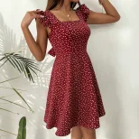 Summer A Line Dress Square Neck Heart Print Short Sleeve High Waist Slim Fit Perfect for Petite