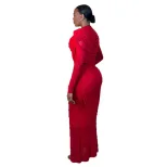 Elegant Womens Bodycon Dress Solid Color Ruffled Design Long Sleeve Round Neck Perfect for Parti