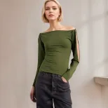 Off Shoulder Knit Top Long Sleeve Hollow Out Twist Cuff Design Casual Wear for Women Wholesale A