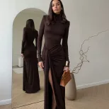 High Neck Long Sleeve Color Block Dress Slim Fit Waist Tie Elegant Style Autumn Winter Fashion f