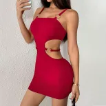 Summer Womens Dress Sexy Red Wine Color Hollow Waist Design Short Style Perfect for Parties and
