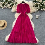 French Elegant V Neck Puff Sleeve Floral Waist Defined Pleated Maxi Dress for Women Summer Slim Fit Wholesale Available