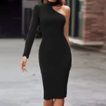 Elegant Womens Dress High Neck Off Shoulder Slim Fit Mid Length Spring Summer Fashion Wholesale