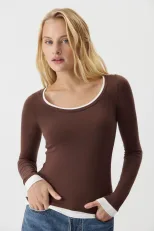 Womens Long Sleeve Color Block T Shirt Slim Fit U Neck Modal Knit Fabric Casual Wear for Spring