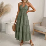 Casual Vacation Style Halter Neck Maxi Dress Solid Color Layered Design Flowy Silhouette Perfect