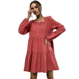 Loose Fit Long Sleeve Dress Cotton Linen Blend Pleated Design Vibrant Red Casual Wear for Spring