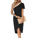 Asymmetrical Color Block Dress Waist Defining One Shoulder Elegant Style Perfect for Parties and
