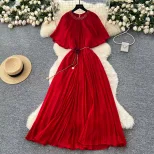 Chic Womens Pleated Chiffon Dress with Rhinestone Detail and Waist Tie Round Neck Short Sleeve Available in Multiple Colors