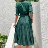 Elegant Vintage Short Sleeve Dress with Bow Detail in Dark Green and Red for Summer Wholesale ready to ship