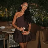 Off Shoulder Pleated Mini Dress Elegant Ruffle Hem Slim Fit Solid Color Fashionable for Parties