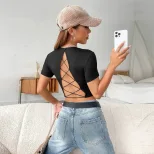 Womens Sexy Backless Short Sleeve Knit T Shirt Slim Fit Casual Style Spring Summer Collection Wh