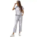 Two Piece Striped Casual Set Short Sleeve Round Neck Trendy Design Perfect for Summer Outings Wholesale Availabl