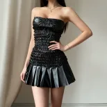 Off Shoulder Ruched PU Leather Dress Slim Fit Sexy Style Fall Perfect for Parties and Night Out