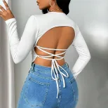 Womens Long Sleeve V Neck T Shirt Sexy Backless Design Slim Fit Elegant Style Spring Summer Coll