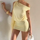 Asymmetrical Shoulder Dress Ruffled Bodycon Fit Summer Casual Wear Available in Yellow Wholesale Sizes S to XL