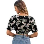 Casual Floral Print V Neck Short Sleeve Top Flared Design Versatile Style European and American