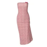 French Romantic Style Womens Strapless Bodycon Dress with Heart Print Slim Fit Long Length Perfe