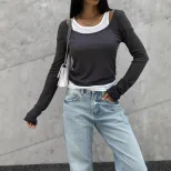 Retro Color Block Long Sleeve T Shirt for Women Slim Fit Modal Fabric Layered Design Spring and