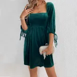 Velvet A Line Mini Dress Elegant Back Tie High Waist Square Neck Perfect for Parties and Events