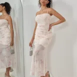 Sweet Floral Ruffled Maxi Dress High Elasticity Spaghetti Straps Vacation Style Spring Summer Co