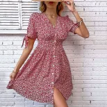 V Neck Floral Print Short Split Dress Summer Style Womens Casual Wear Wholesale Available privat