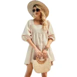 Bohemian Style Square Neck Midi Dress High Waist Three Quarter Sleeves Solid Color Spring Fashio