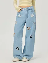 Loose Fit Wide Leg Jeans Floral Hollow Design Casual Style Womens Fashion for Spring Summer Whol