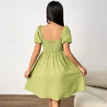 Elegant Summer Dress Sexy Square Neck Puff Sleeves Fitted Waist Perfect for Parties and Casual O
