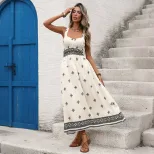 Geometric Print Backless Maxi Dress Vintage Ethnic Style Perfect for Summer Vacations Wholesale