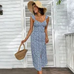 Floral Print Maxi Dress Sweet Country Style Sleeveless High Slit Lightweight Fabric Summer Casua