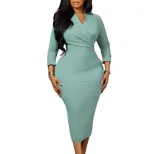 Plus Size Womens Fashion V Neck Solid Color Bodycon Pencil Dress Slim Fit Elegant Style for Part