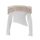 Womens Winter Top Sexy Off Shoulder Design Irregular Long Sleeve with Fur Collar Slim Fit Perfec