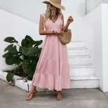 Sleeveless V Neck White Dress Simple Design Beach Vacation Style Lightweight Fabric Wholesale Av