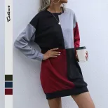 Womens Long Sleeve Color Block Dress Casual Fit Available in Red Blue Green Wholesale Ready to Ship