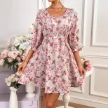 Floral Print Womens Dress Spring Ruffled Trim Tie Waist Color Block Design Casual Wear Wholesale