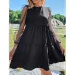 Elegant Hollow Out Long Sleeve Dress Color Block Design Round Neck Trendy Style Perfect for Part