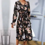 Printed Long Sleeve Dress Pleated Design Mid Length Fashionable for Women Perfect for Casual or