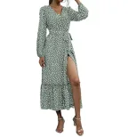 Long Sleeve Floral Maxi Dress for Women Green Print Elegant Autumn Winter Wear ready to ship