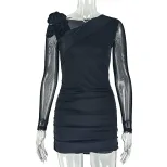 Sheer Mesh Bodycon Dress Solid Color Asymmetrical Neckline Long Sleeve Floral Design Evening Wea