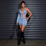 Off Shoulder Denim Bodycon Dress Single Sleeve Lapel Collar Stretch Fabric Casual Wear for Parti