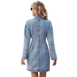 Retro Slim Fit Denim Dress for Women Blue Short Sleeve Casual Wear customizable fast shipping
