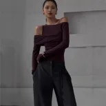 Slim Fit Long Sleeve Knit Top Solid Color Asymmetrical Neckline Versatile Style Spring Womens Fa