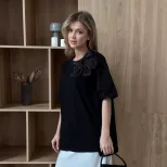 Loose Fit Womens T Shirt 3D Rhinestone Bow Cotton Fabric Short Sleeve Casual Wear for Spring Sum