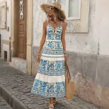Floral Print Tiered Maxi Dress Sleeveless Bohemian Style Vacation Ready Wholesale Available cust