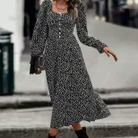 Fashionable Womens Dress Square Neck Polka Dot Print Autumn Style Perfect for Casual Outings Who