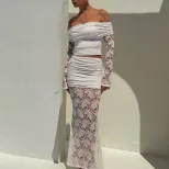 Off Shoulder Lace Long Sleeve Top and Fishtail Skirt Set Slim Fit Elegant Design Autumn Fashion