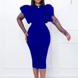 Plus Size Womens Dress Mesh Panel Pleated Design Elegant Office Style Autumn Winter Collection W