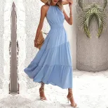 Womens Sleeveless Halter Dress Waist Defined Cake Skirt Design Casual Vacation Wear OEM Availabl