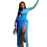 Fresh European Style Womens Dress Breathable Mesh Fitted Waist Long Sleeve Round Neck Split Hem